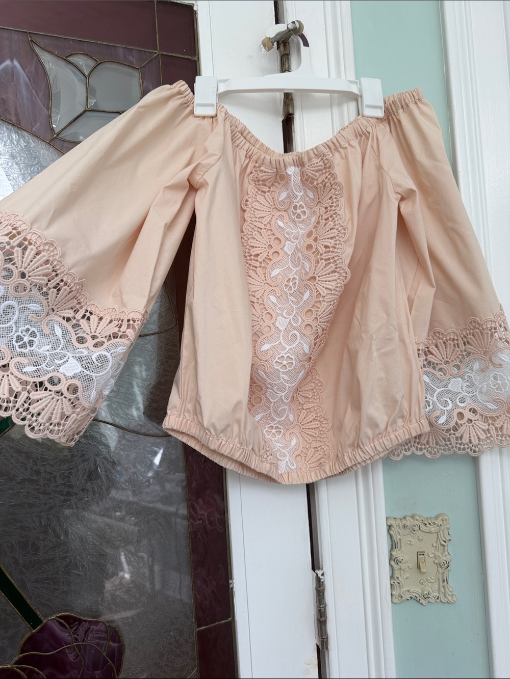 Express Peach Lace Off-the-Shoulder Peasant Top
